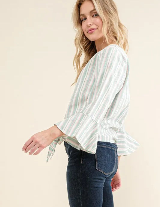 And The Why Stripe Tie Knot Front Bell Sleeve Top | Blouses Daverri Fashions