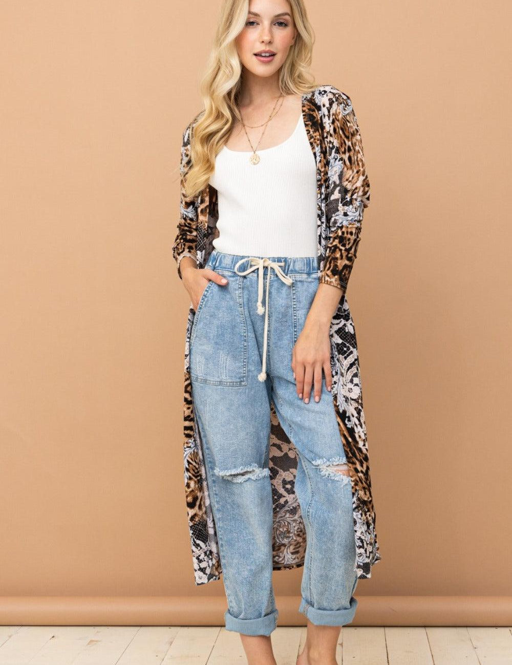 Leopard And The Why Leopard Kimono Open Front Longline Cardigan | Cardigans Daverri Fashions