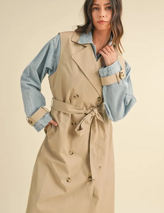 MABLE Layered Look Trench Coat With Denim Jacket | Daverri Fashions