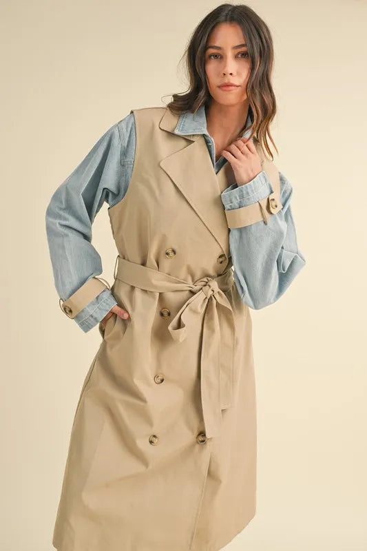 MABLE Layered Look Trench Coat With Denim Jacket | Daverri Fashions
