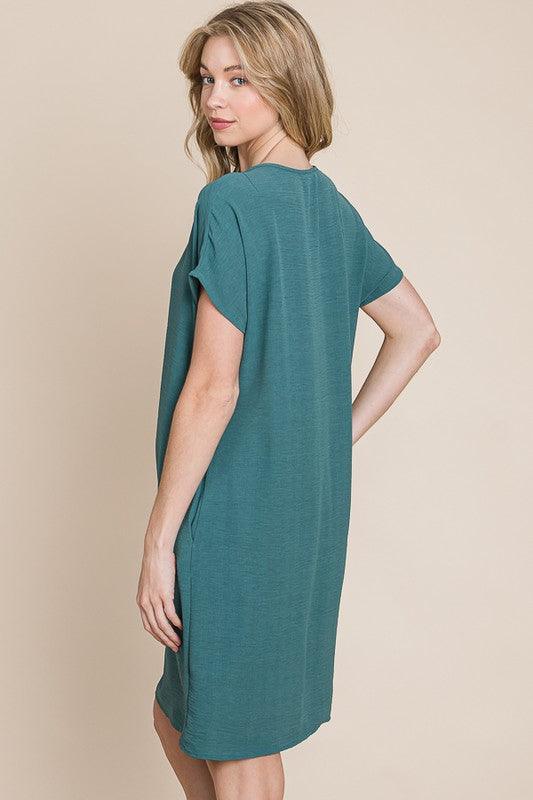 BOMBOM V-Neck Short Sleeve Dress with Pockets | Daverri Fashions