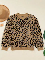 Ribbed Trim Round Neck Leopard Drop Shoulder Sweater | Sweaters Daverri Fashions
