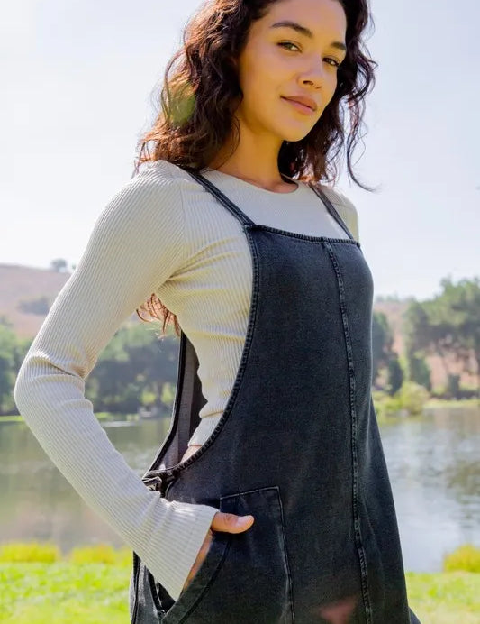 Black Mono B Drawstring Waist Spaghetti Strap Overalls with Pockets | Daverri Fashions