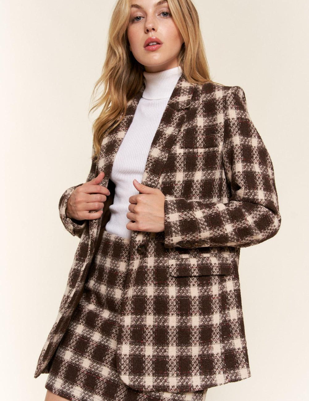 And The Why Full Size Plaid Brushed One Button Blazer | Daverri Fashions