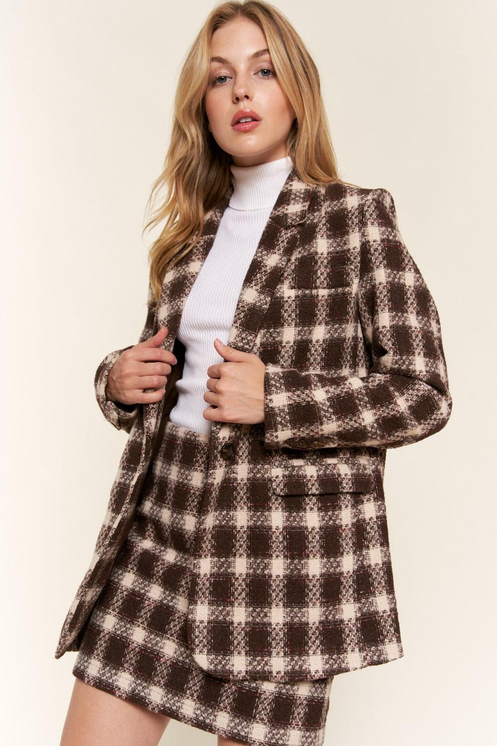 And The Why Full Size Plaid Brushed One Button Blazer | Daverri Fashions