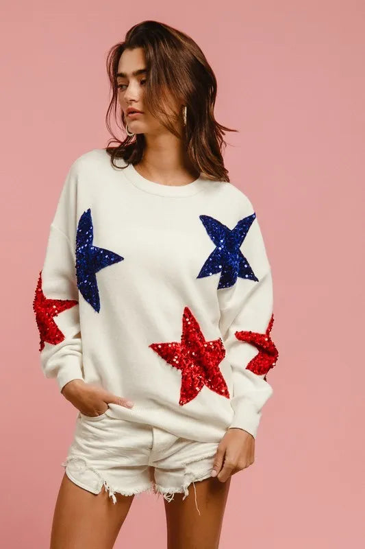 BiBi Velvet Sequin Star Patches Sweater Top | Sweaters Daverri Fashions