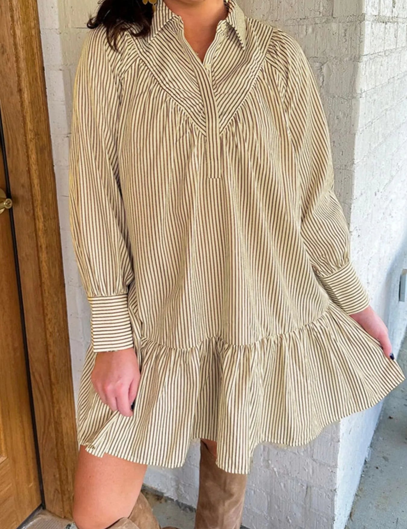 Stripe Collared Neck Cuffed Long Sleeve Drop Waist Mini Dress | Mini Dresses Daverri Fashions