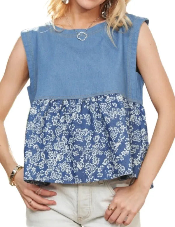 ADORA Sleeveless Denim Contrast Top | Daverri Fashions