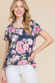 BOMBOM Floral Round Neck Short Sleeve T-Shirt | Daverri Fashions