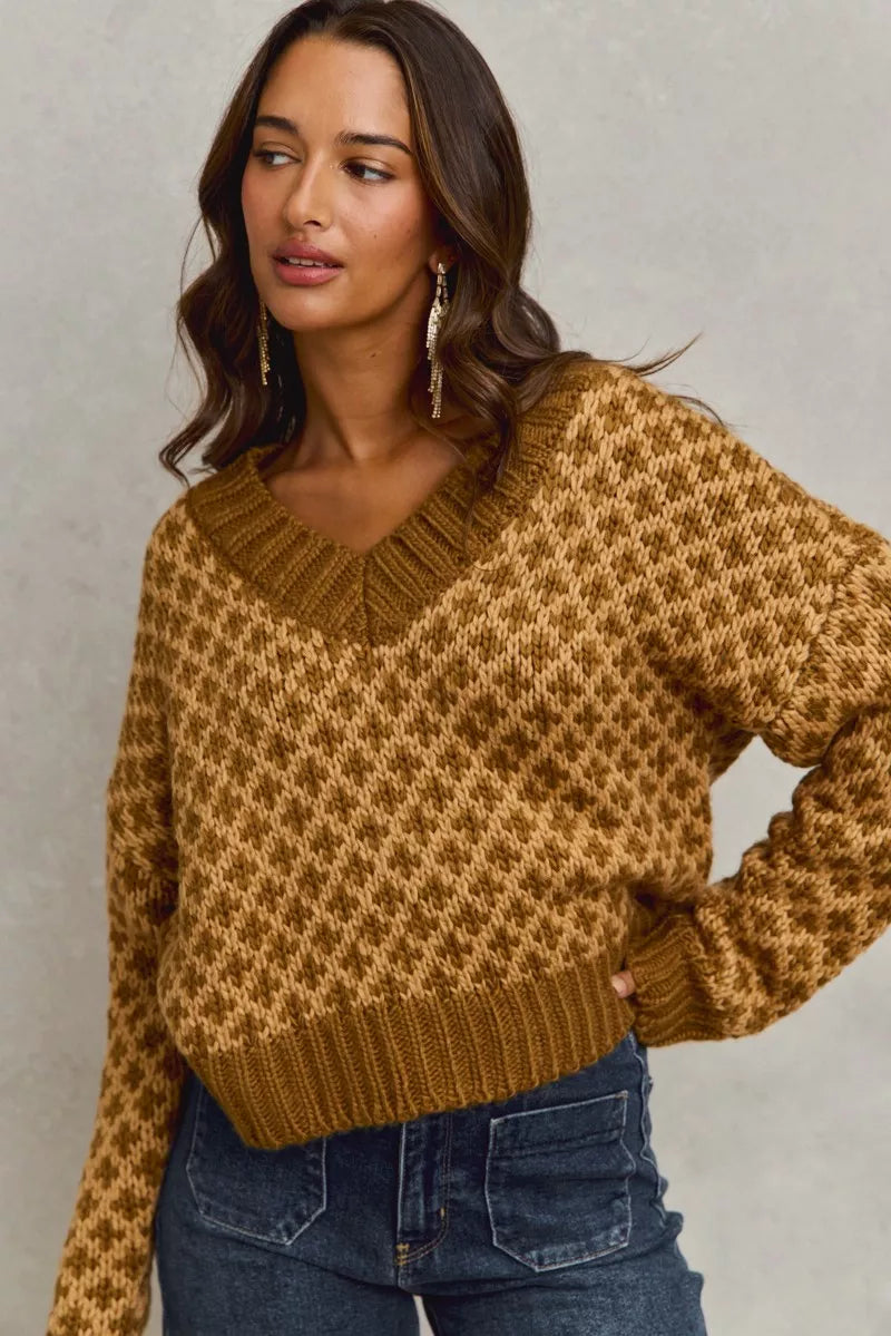 SO ME Color Block Textured Christmas Sweater V Neck Top | Sweaters Daverri Fashions