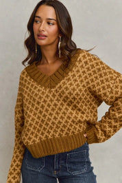 SO ME Color Block Textured Christmas Sweater V Neck Top | Sweaters Daverri Fashions