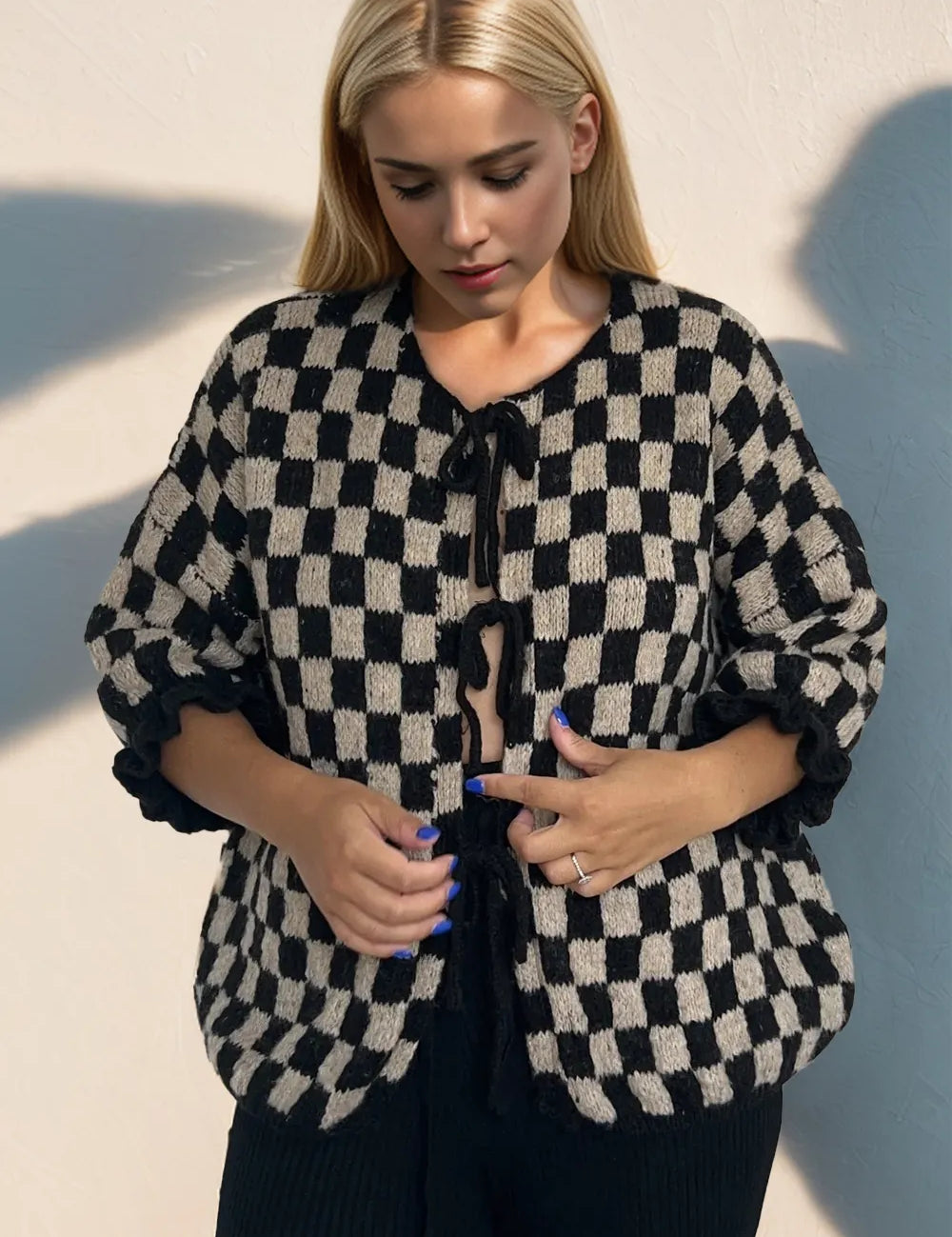 Black Double Take Tied Checkered Dropped Shoulder Flounce Sleeve Cardigan | Cardigans Daverri Fashions