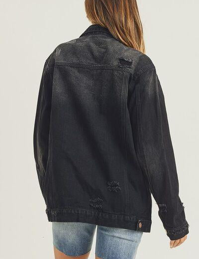 RISEN Full Size Distressed Long Sleeve Denim Jacket | Daverri Fashions