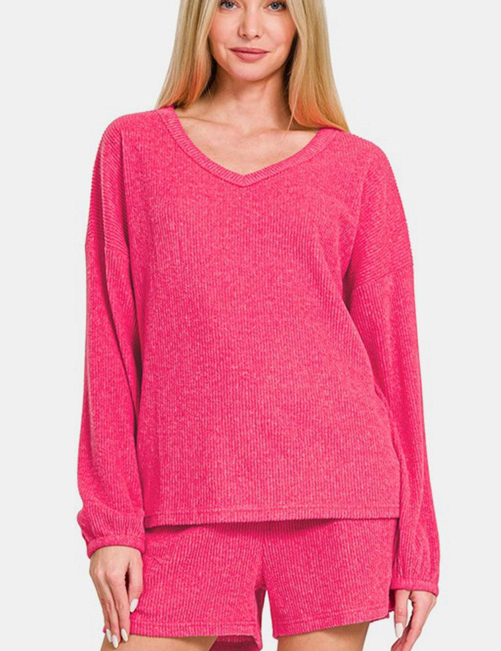 Strawberry Zenana V-Neck Long Sleeve Ribbed Top and Shorts Set | Outfit Sets Daverri Fashions