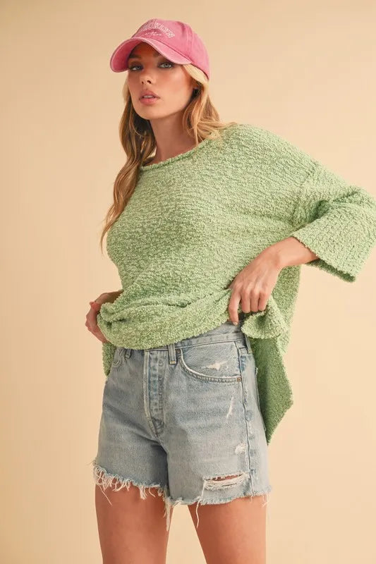Aemi + Co Side Slit Ribbed Hem Round Neck Sweater | Daverri Fashions
