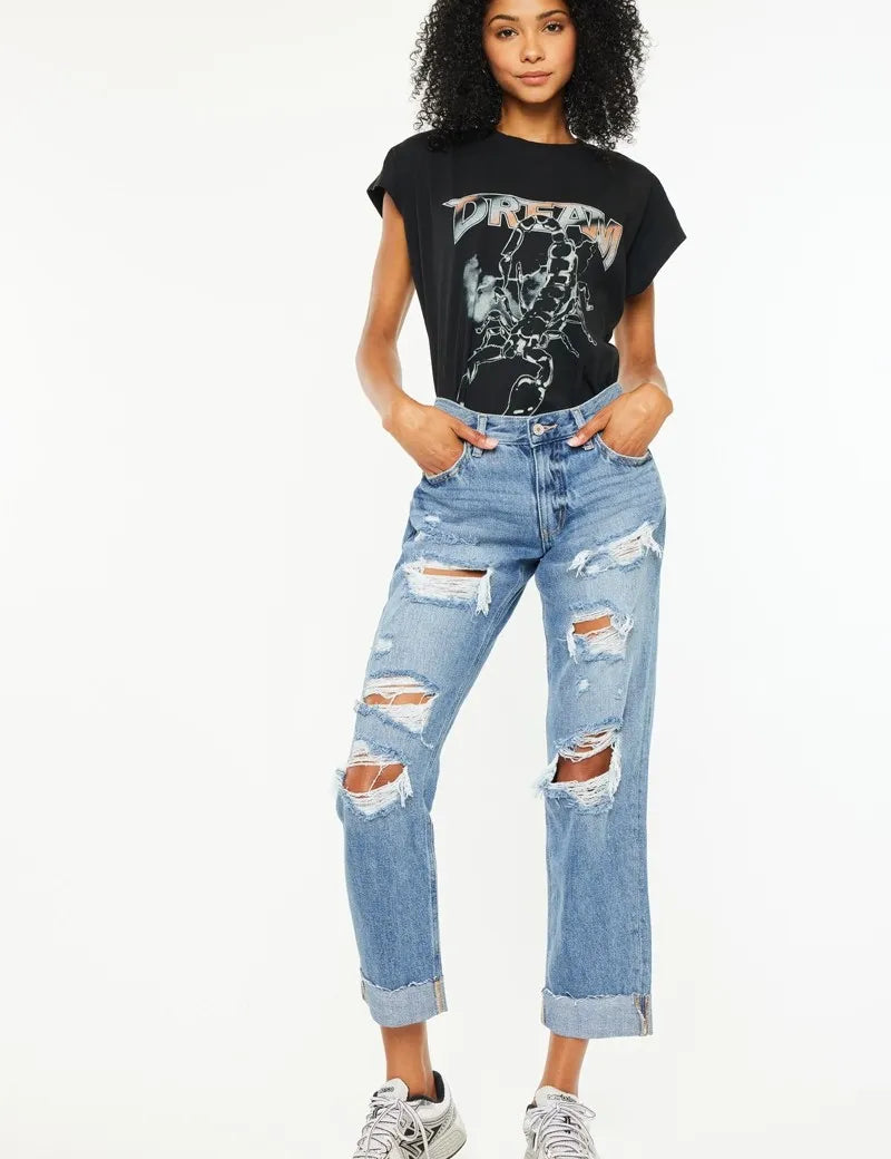 MEDIUM Kancan Mid Rise Distressed Boyfriend Fit Jeans | Jeans Daverri Fashions