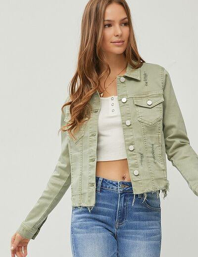 Sage S RISEN Full Size Raw Hem Button Up Cropped Denim Jacket Plus Size | Daverri Fashions