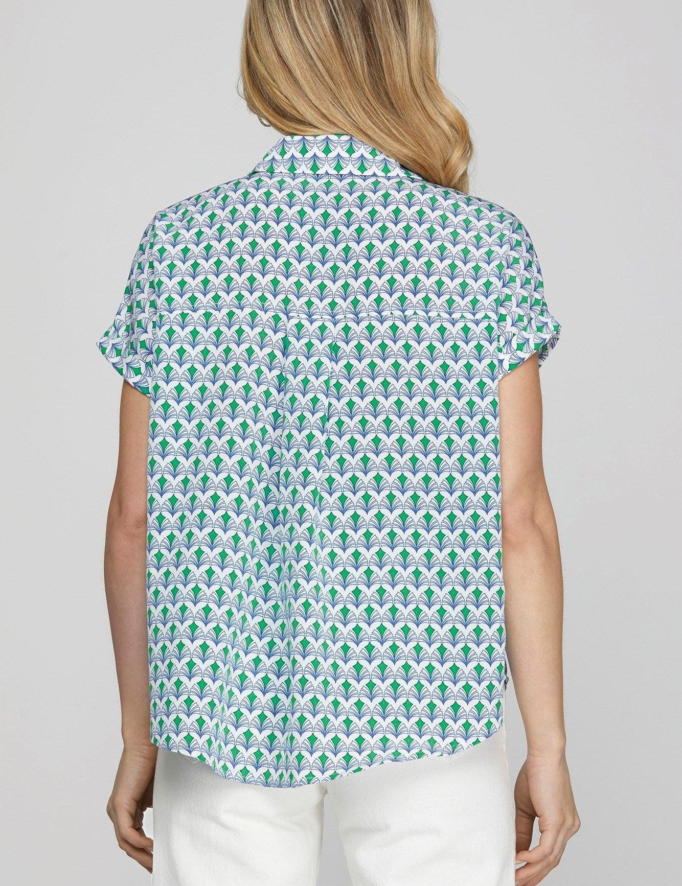 She + Sky Full Size Printed Johnny Collar Short Sleeve Blouse Plus Size | Blouses Daverri Fashions