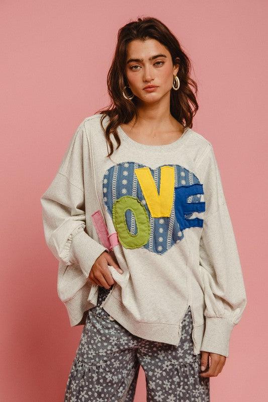BiBi LOVE Heart Patch Slit French Terry Sweatshirt | Sweatshirts Daverri Fashions