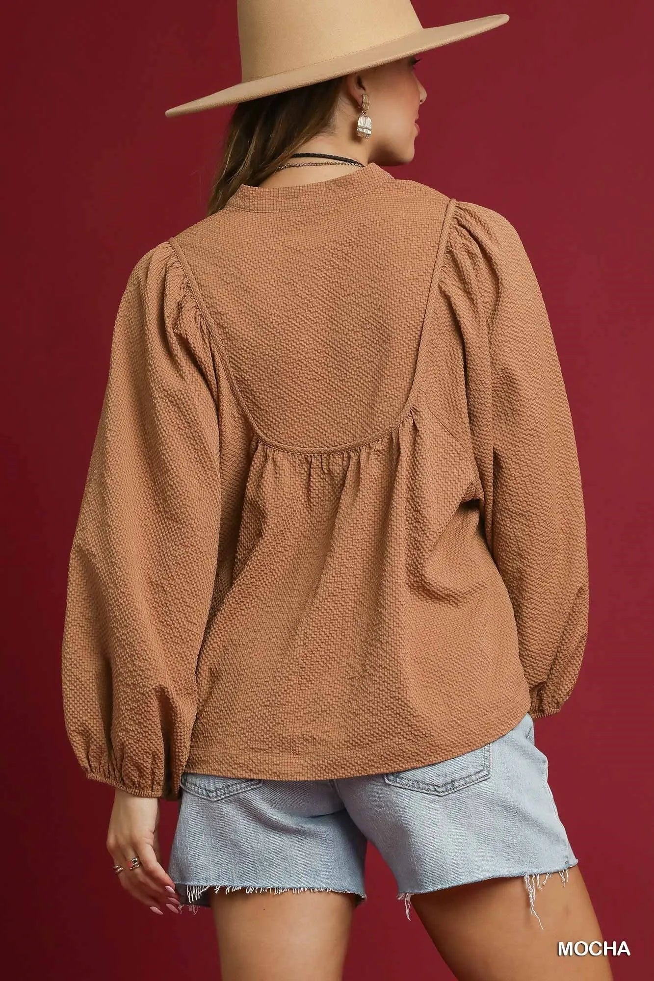 Umgee Textured Notched Blouse with Balloon Sleeves Mocha | Blouses Daverri Fashions