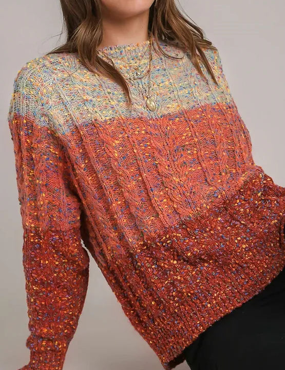 Orange-Red Cable-Knit Color Block Round Neck Long Sleeve Sweater | Sweaters Daverri Fashions