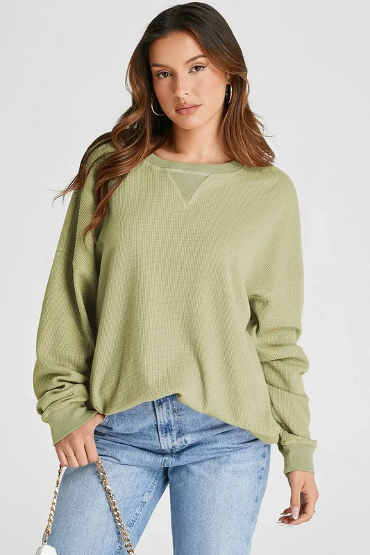 Waffle-Knit Long Sleeve Sweatshirt - DAVERRI FASHIONS