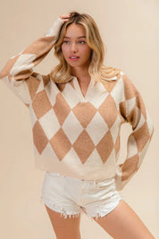 BiBi Diamond Pattern Collared Notch Neck Sweater | Sweaters Daverri Fashions