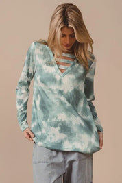 BiBi Variegated Tie Dye Rib V-Neck Top with Strapped | Tops Daverri Fashions