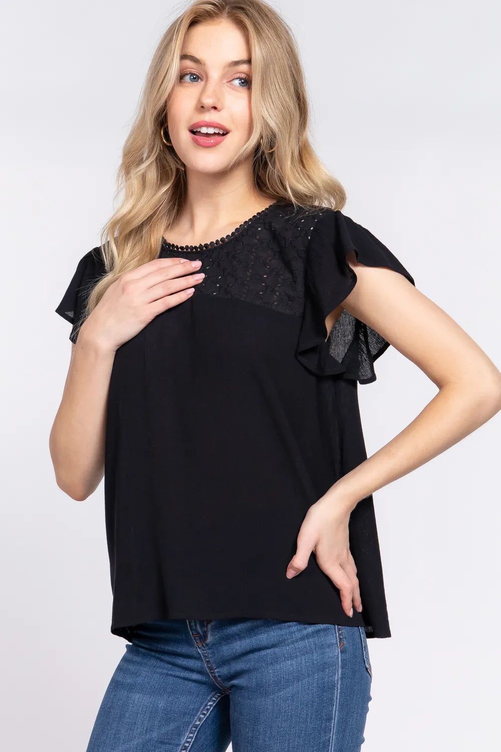 ACTIVE BASIC Ruffle Short Sleeve Crochet Blouse | Daverri Fashions