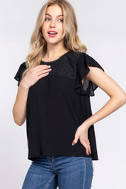 ACTIVE BASIC Ruffle Short Sleeve Crochet Blouse | Daverri Fashions