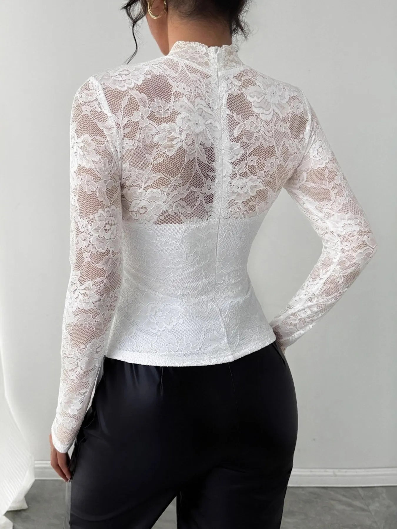 Mock Neck Long Sleeve Lace Top | Tops Daverri Fashions