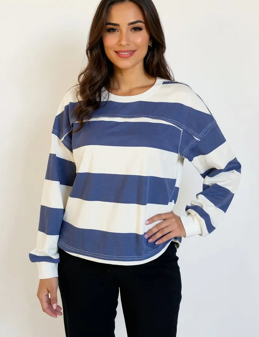 Dusty Blue Oh Pima Cotton Wash Exposed Seam Contrast Striped Round Neck Long Sleeve T-Shirt | T-Shirts Daverri Fashions