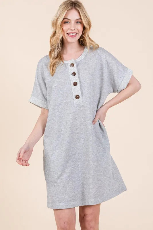 BOMBOM Casual Contrast Trim Henley Dress | Daverri Fashions