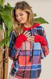 RED BLUE BiBi Plaid Mirr Brushed Rib Contrast Thumb Open Hoodie | Hoodies Daverri Fashions