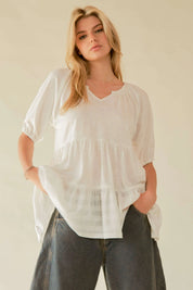 WHITE Davi & Dani Ruffled Flared Short Sleeve V Neck Blouse | Blouses Daverri Fashions