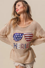 BiBi Sequin American Flag Sunglasses Knit Top | Tops Daverri Fashions