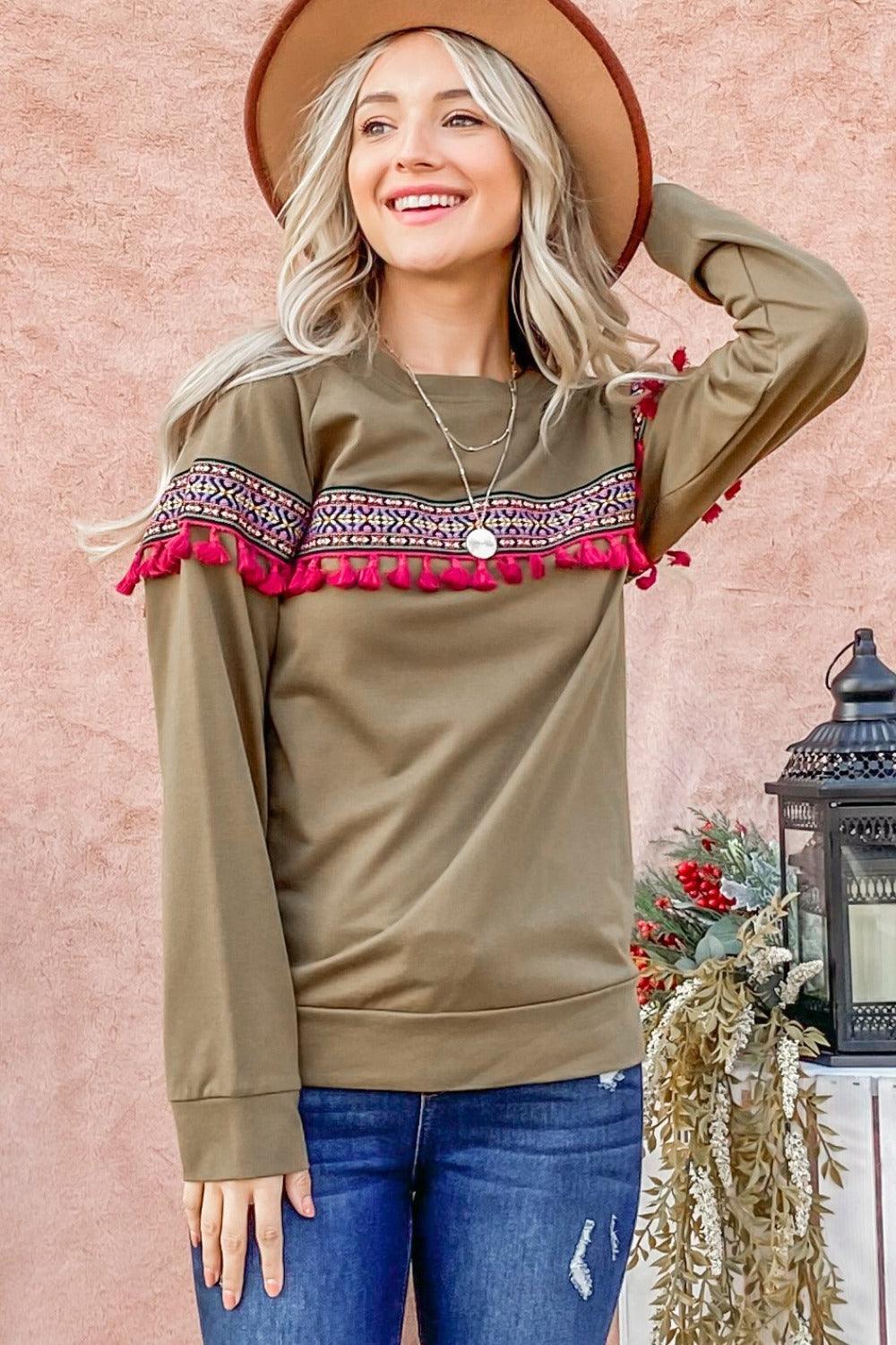 And The Why Ethnic Ribbon Tassel Trim Top | Tops Daverri Fashions