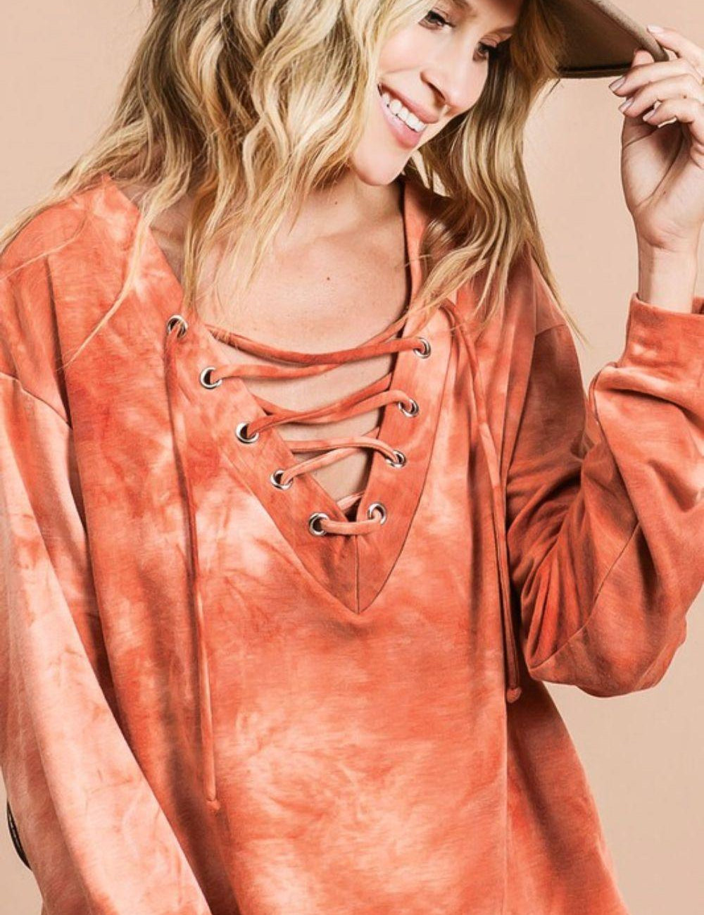 BiBi Lace-Up Tie-Dye French Terry Long Sleeve Top | Tops Daverri Fashions