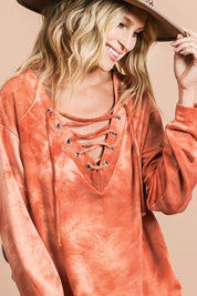 BiBi Lace-Up Tie-Dye French Terry Long Sleeve Top | Tops Daverri Fashions
