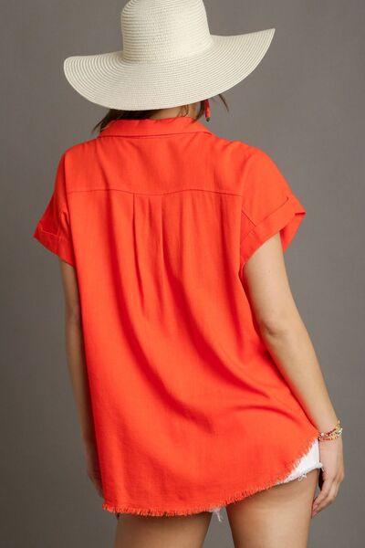 Umgee Full Size Linen Blend Button Down Short Folded Sleeve Shirt Plus Size | Shirts Daverri Fashions