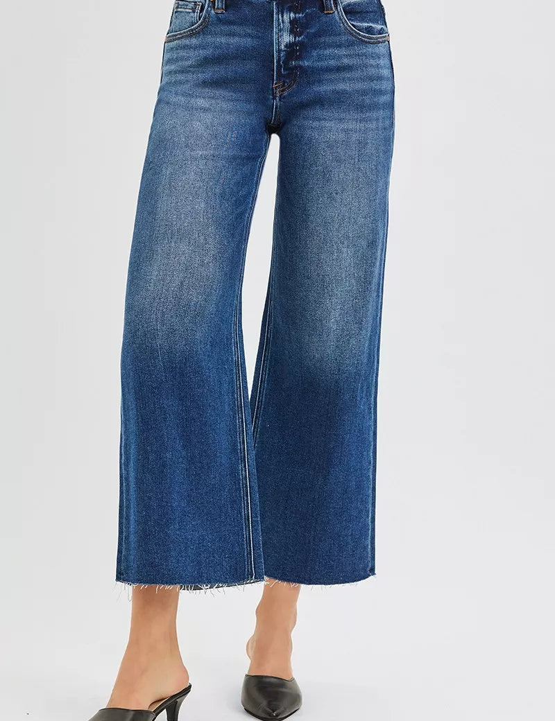 RISEN Full Size Mid Rise Crop Wide Raw Cut Hem Jeans Plus Size | Jeans Daverri Fashions