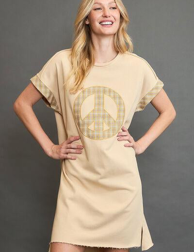 Pastel Yellow Umgee Peace Plaid Applique Short Sleeve Mini Dress | Mini Dresses Daverri Fashions