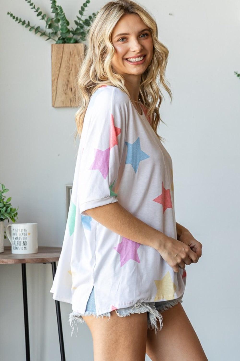 HOPELY Multi Colored Star Print T-Shirt | T-Shirts Daverri Fashions