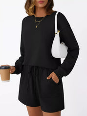 Round Neck Long Sleeve Top and Shorts Set | Loungewear Sets Daverri Fashions