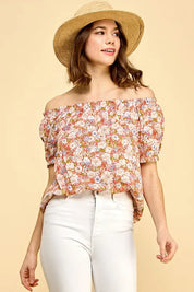 CORAL COMBO Lime 'N' Chili Floral Print Short Sleeve Off-The-Shoulder Blouse | Daverri Fashions