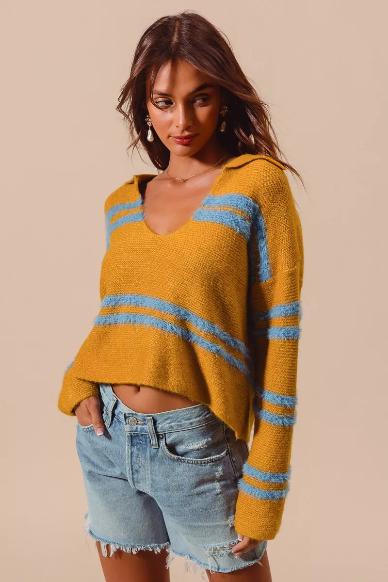 SO ME Fuzzy Hairy Stripe Deep U Neck Swetaer | Sweaters Daverri Fashions