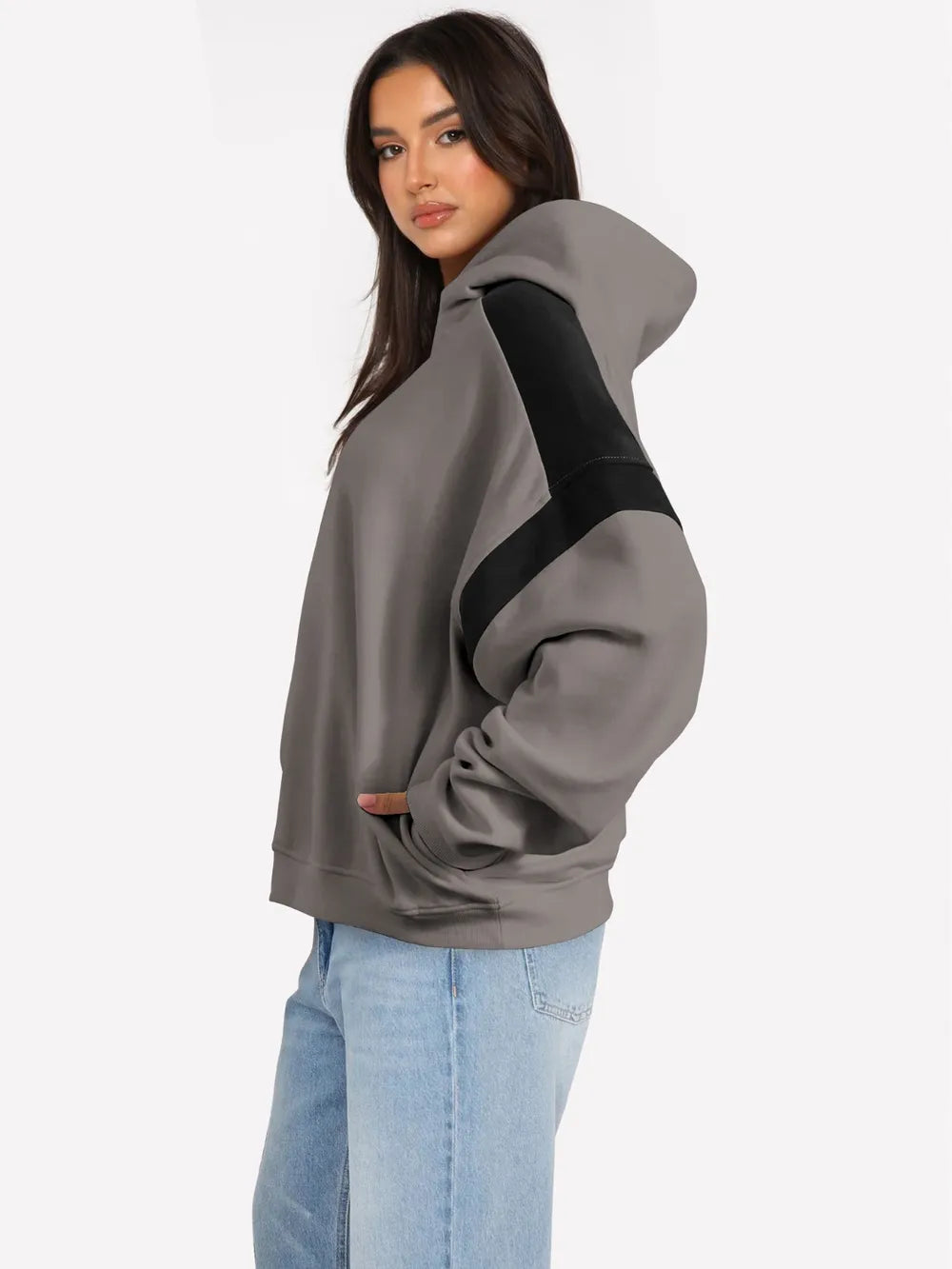 Mocha Contrast Dropped Shoulder Long Sleeve Hoodie | Sweatshirts Daverri Fashions