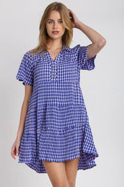 Blue 1XL Umgee Full Size Gingham Tiered Button Detail Short Sleeve Dress Plus Size | Daverri Fashions