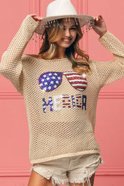 OATMEAL BiBi Sequin American Flag Sunglasses Knit Top | Tops Daverri Fashions