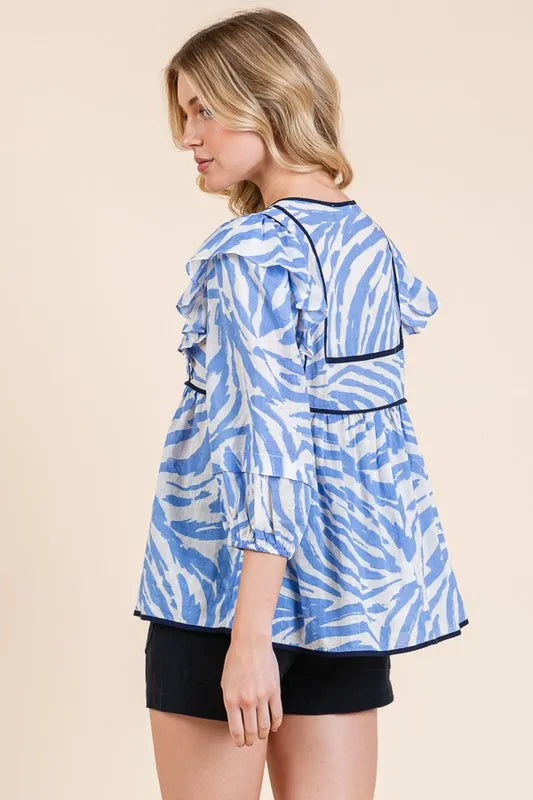 Lime 'N' Chili Graphic Print Solid Trim Quarter Sleeve Blouse | Daverri Fashions